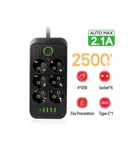 6 Soket 4 Usb 1 Pd Şarj Termal Akım Korumalı Priz 2 Metre Kablo Çoklu Priz 6 Lı Priz (Siyah)
