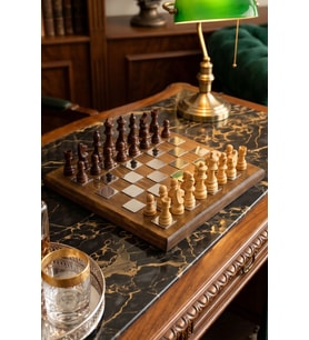 Premium Gümüş Kareli Ahşap Taşlı Lüks Satranç Takımı Dekoratif VIP Hediyelik Standart Set 20x20 cm
