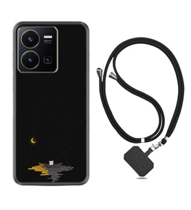 Vivo Y22 Kılıf Silikon Boyun Askılı İpli Desenli Silikon Ay ve Kedi 1683
