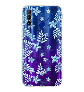 Huawei Honor 20 Lite  Kamera korumalı Kapak Floral Mavi Tasarımlı  Şeffaf Kılıf