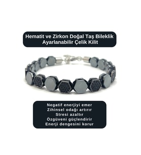 SERTİFİKALI Hematit ve Zirkon Taşı Doğal Taş Bileklik Ayarlanabilir Çelik Kilit