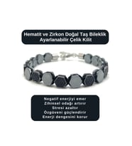 SERTİFİKALI Hematit ve Zirkon Taşı Doğal Taş Bileklik Ayarlanabilir Çelik Kilit