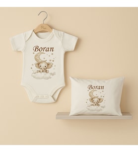 Pia Baby Premium %100 Pamuk İsme Özel Organik Baskılı Çıtçıtlı Bebek Body Ve Yastık Kılıfı 5030-19 (Ekru)