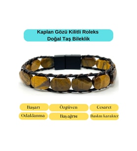 Sertifikalı Kaplan Gözü Kilit Kapama Roleks Doğal Taş Deri Bileklik