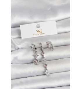 Pirinç Gümüş Renk Pembe Zirkon Taşlı 3'lü Kadın Küpe 5886 - GLST6562-8313