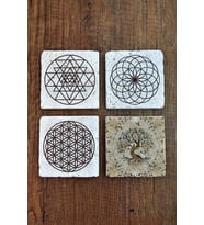Doğal Taş Bardak Altlığı Uv Baskılı 4'lü Set - Hayat Ağacı Yaşam Çiçeği Sri Yantra - Stone Coasters