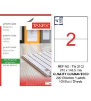 Tanex Lazer Etiket tw-2102 100 A4 Sayfa Laser Etiket 210 x 148,5 mm Boyutunda 1 A4 Sayfada 2 Etiket
