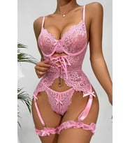 Kadın Pembe Dantelli Balenli Jartiyer Takımı Büstiyer Külot ve Bacak Aksesuarlı 8462