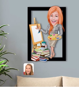 BK Gift Kişiye Özel Kadın Resim Öğretmeni Karikatürlü 3D Ahşap Tablo-1