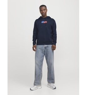 Jack & Jones Erkek Grafik Baskılı Kapüşonlu Sweatshirt - Corp (DENIM)