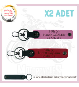 Motosiklet Aşıkları İçin, İsim Plaka ve B Rh (+) Kan Grubu Yazılı x2 Anahtarlık, Kırmızı-Pembe-Laci
