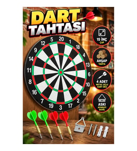 15 İnç Ahşap Dart Tahtası – 4 Metal Uçlu Dart Oku ve Askı Aparatı
