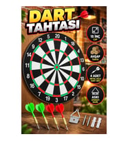 15 İnç Ahşap Dart Tahtası – 4 Metal Uçlu Dart Oku ve Askı Aparatı