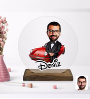 BK Gift Kişiye Özel Erkek Patron Karikatürlü Yuvarlak Ahşap Standlı Biblo-1
