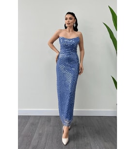 Full Boncuklu Kumaş Straplez Abiye Elbise - İNDİGO MAVİ