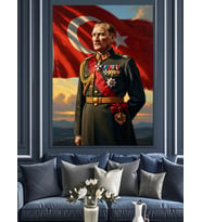 Türk Bayrağı Önünde Mareşal Atatürk Dekoratif Kanvas - Mdf Ahşap Tablo