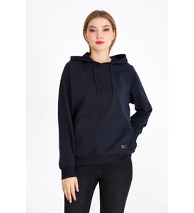 Kadın Lacivert Basic Kapüşonlu Regular Fit Rahat Sweatshirt