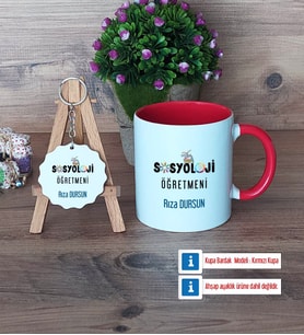 Sosyoloji Öğretmeni Kupa Bardak Kırmızı ve Ahşap Anahtarlık Hediye Öğretmenler Günü Hediyesi (Model 1)