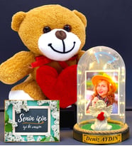 Sizlere Özel Premium Hediye Seti  Led Işıklı Fanus ve Kalpli Peluş Ayıcık (Model 2)