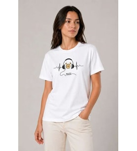 Müzik Temalı Baskılı Tişört Bisiklet Yaka Kısa Kol T-Shirt - Beyaz