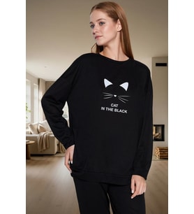 Pamuklu Kedi Desenli Rahat Pijama Takımı İdeal Kış Uykusu İçin Trend Tasarım Mükemmel Uyum (Siyah - Beyaz)