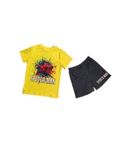 unisex Spiderman baskılı pamuklu kumaş kısa kollu şortlu ikili çocuk takımı (Sarı)
