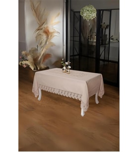 Narin Lüx Dantelli Keten Kumaş Bej Masa Örtüsü 160x230 Cm - 1125 (Krem)