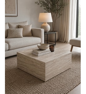 Traverten Görünümlü Kare Orta Sehpa 90x90 cm – Modern ve Şık Tasarım