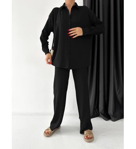 Kadın Beli Lastikli Bürümcük Kumaş Pantolon Gömlek 2li Takım Siyah