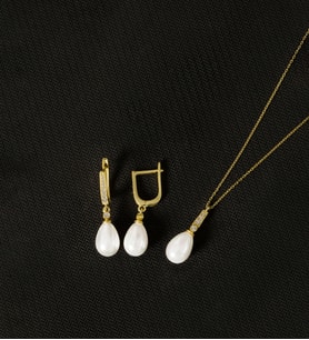 925 Ayar Gümüş Zirkon Taşlı Damla İnci Set (Altın)
