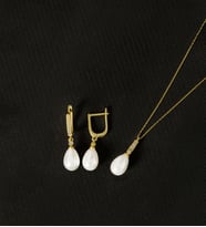 925 Ayar Gümüş Zirkon Taşlı Damla İnci Set (Altın)