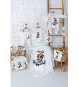 Pia Baby Premium %100 Pamuk 10 Parça İsme Özel Erjkek Bebek Hediyesi Hastane Çıkışı Seti 5001-01 (Krem)