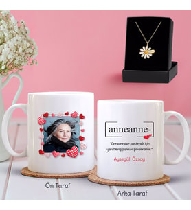 BK Gift Kişiye Özel Fotoğraflı Anneanne Tasarımlı Kupa ve Papatya Kolye Hediye Seti-1 (Model 1)