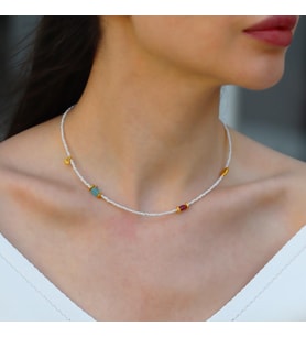 İncili Figürlü Doğaltaşlı Gold Gümüş Kolye