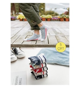 5'li Paket Sneaker Görünümlü Soket Çorap Seti - Renkli Bağcık Desenli Unisex Pamuklu Bilek Çorabı