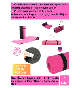 Özel Üretim Taşıma Askılı Çift Taraflı Kaymaz Su Geçirmez Pilates Kamp Fitness Yoga Matı Pembe 16Mm