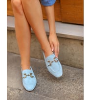 Hakiki Deri Mavi Süet Kadın Loafer