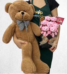 Kişiye Özel Fotoğraflı 7'li Peluş Ayıcık Buketi ve Büyük Boy Kahverengi Peluş Ayıcık (Model 4)