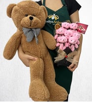Kişiye Özel Fotoğraflı 7'li Peluş Ayıcık Buketi ve Büyük Boy Kahverengi Peluş Ayıcık (Model 4)