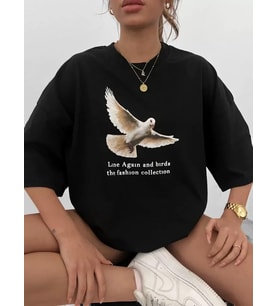 Unisex Bisiklet Yaka Baskılı Oversize T-Shirt - Siyah