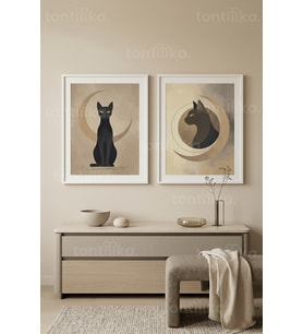 Mistik Kedi ve Ay Temalı 2’li Ahşap Çerçeveli Tablo Seti