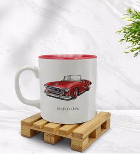 BK Gift Kişiye Özel Retro Otomobil Tasarımlı İçi Kırmızı Renkli Kupa Bardak Model 2