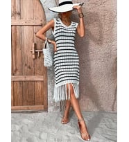 Kadın Kolsuz Eteği Püsküllü çizgi Desen Triko Elbise