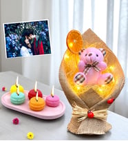 Size Özel Fotoğraflı Led Işıklı Buket ve Kokulu Makaron Mum, Kişiye Özel Hediye Seti (Model 5)