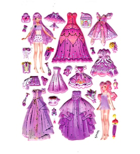 Sticker Kabartmalı Stiker Çıkartma Etiket (LAA606)-14x18 cm- Lila Kız Prenses Giydirme