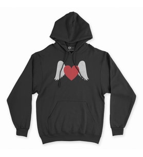 Melek Kanatlı Kalp Siyah Kapşonlu Sweatshirt Hoddie