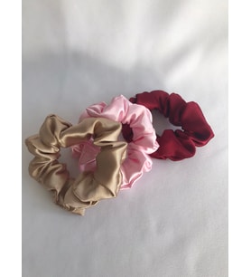 Kadın 3^lü Gold Pudra Bordo Saten Scrunchie Lastikli Simit Toka Seti