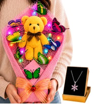 Renkli LED Işıklı Peluş Ayıcık Buketi ve Pembe Ametist Taşlı Lotus Kolye Sevgiliye Kadına Hediye Seti