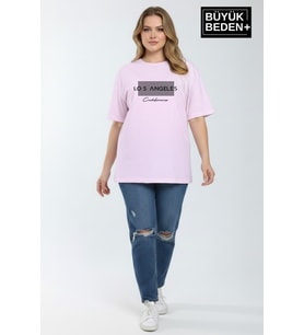Kadın Büyük Beden Los Angeles Baskılı 3xl-6xl Bisiklet Yaka Tshırt SPR26BTSK510-18