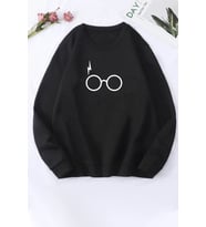 Unisex Potter Baskılı Bisiklet Yaka Sweatshirt (Siyah)